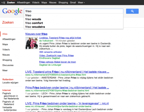 Google Suggesties bij zoekopdracht 'friso' niet actueel