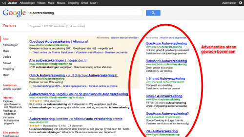 Google.nl zoekresultaten autoverzekering met AdWords advertenties aan zijkant bovenaan