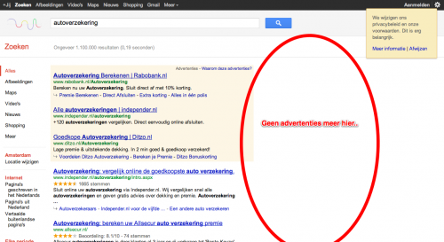 Google.nl zoekresultaten autoverzekering zonder AdWords advertenties aan zijkant bovenaan