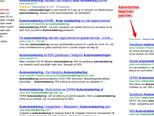 Google.nl zoekresultaten AdWords advertenties zijkant omlaag (autoverzekering) 2