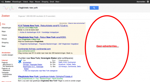 Google.nl zoekresultaten zonder AdWords advertenties zijkant bovenaan