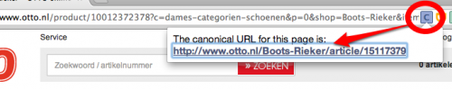 SEO Chrome extensie - Canonical tag indicator voorbeeld