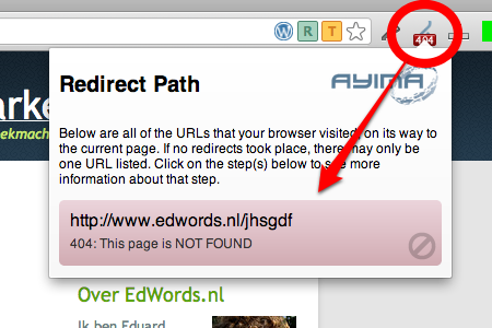 SEO Chrome extensie - Redirect path voorbeeld 404