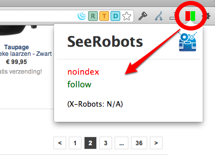 SEO Chrome extensie - Seerobots voorbeeld noindex,follow