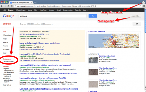 Afbeelding 4: zoekresultaten met automatisch ingestelde locatie