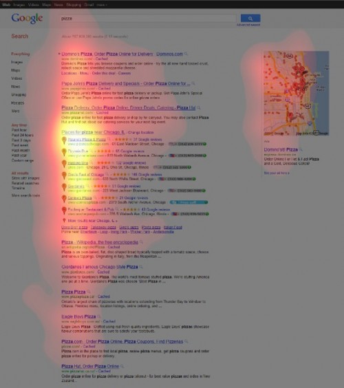 Afbeelding 11: eyetracking onderzoek lokale ‘Universal’ zoekresultaten (bron: SEOmoz)