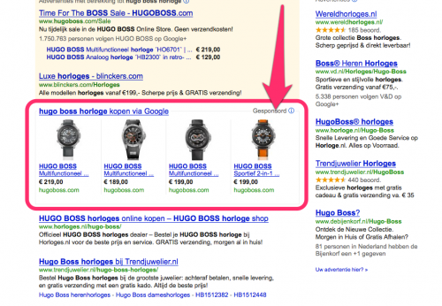 Google Shopping voorbeeld 'hugo boss horloge' nieuwe zoekresultaten