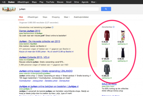 Google Shopping voorbeeld 'jurken' huidige zoekresultaten