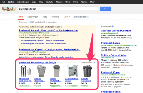 Google Shopping voorbeeld 'prullenbak kopen' nieuwe zoekresultaten