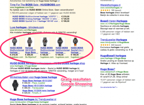 Huidige weergave Google Shopping product search zoekresultaten